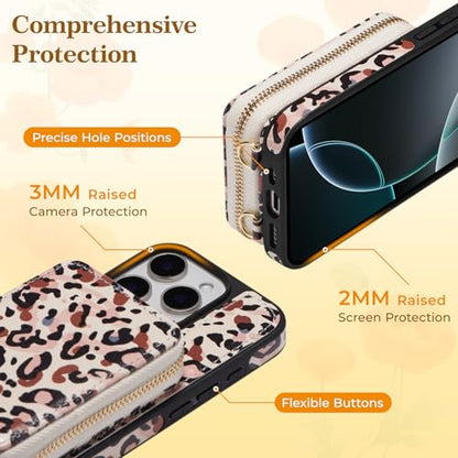 ZCDAYE Zipper Crossbody Wallet Case for iPhone 13 Pro Max, Leopard Print | Flip Folio PU Leather, Practical Card Holder, Adjustable Lanyard Strap, RFID Blocking, Retro Leopard Girly Phone Case - color: Leopard print, size: iPhone 13 Pro Max