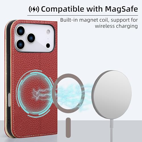 VISOUL Pebbled Leather Wallet Case for iPhone 17 Pro Max 6.9" 2025, Genuine Leather Flip Folio Cover with RFID Blocking Card Holders, Kickstand, Soft TPU Protective Flip Cover -Red+Milky White - color: Red+Milky White