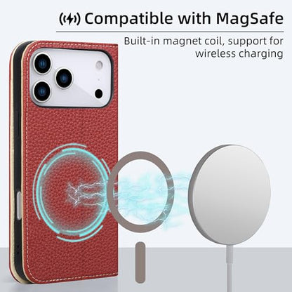 VISOUL Pebbled Leather Wallet Case for iPhone 17 Pro Max 6.9" 2025, Genuine Leather Flip Folio Cover with RFID Blocking Card Holders, Kickstand, Soft TPU Protective Flip Cover -Red+Milky White - color: Red+Milky White