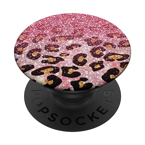 Cute Pink Leopard Print Pattern Fashion Design on Black PopSockets Adhesive PopGrip - style: Adhesive PopGrip