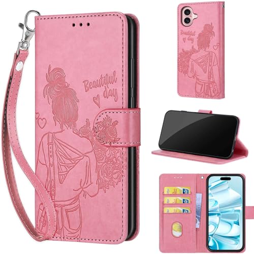 Wallet Case for iPhone 16, Pink Girl | Women Flip Folio Cover, Embossed PU Leather, Stand, Credit Card Holders Slots, Wrist Strap - color: 9
