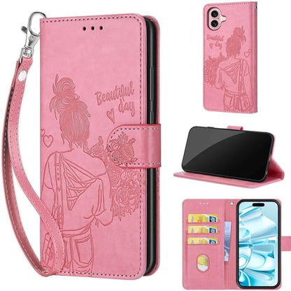 Wallet Case for iPhone 16, Pink Girl | Women Flip Folio Cover, Embossed PU Leather, Stand, Credit Card Holders Slots, Wrist Strap - color: 9