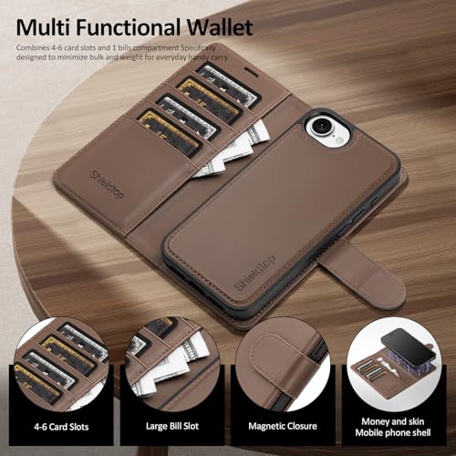 Shieldtop Compatible with MagSafe iPhone 17e / 16e Wallet Case,Coffee | 2 in 1 Detachable Magnetic,Credit Card Holder Slots,RFID Blocking,PU Leather,Kickstand,Flip Folio Phone Cover for Men & Women - color: Coffee