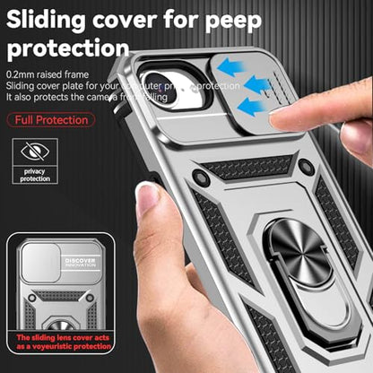 for iPhone 17E / iPhone 16E Case, with Camera Lens Cover HD Screen Protector, Dual Layer Military-Grade Drop Tested Magnetic Ring Holder Kickstand Protective Phone Case for iPhone 16E / 17E (Silver) - color: Silver with camera cover Military-Grade 2nd gen