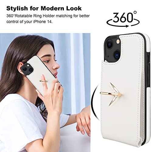 Folosu Compatible with iPhone 14 Case Wallet with Card Holder, 360°Rotation Finger Ring Holder Kickstand, RFID Blocking Leather Protective Double Buttons Shockproof Cover 6.1 Inch White - color: White, size: iPhone 14