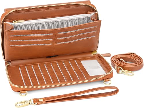 Peacocktion Womens Crossbody Wristlet Wallets with Cell Phone Pocket RFID Vegan Leather Cross Body Purses Travel - color: 02-brown