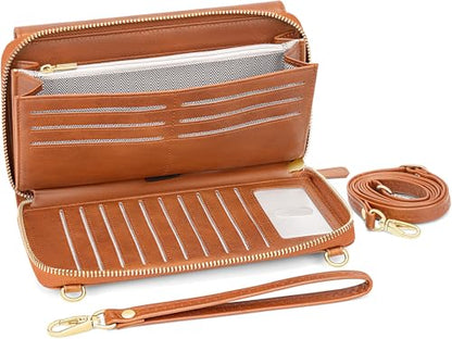 Peacocktion Womens Crossbody Wristlet Wallets with Cell Phone Pocket RFID Vegan Leather Cross Body Purses Travel - color: 02-brown