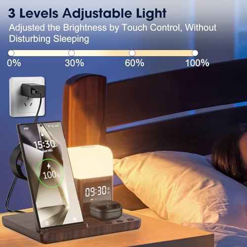 Wireless Charger for Samsung/Android, 6 in 1 Phone Nightstand Charging Station Charger with Alarm Clock/Night Light for Samsung S26/S25/S24 Ultra/Buds4,Watch Charger for Galaxy Watch 8/7/6/5 - color: Wood Brown