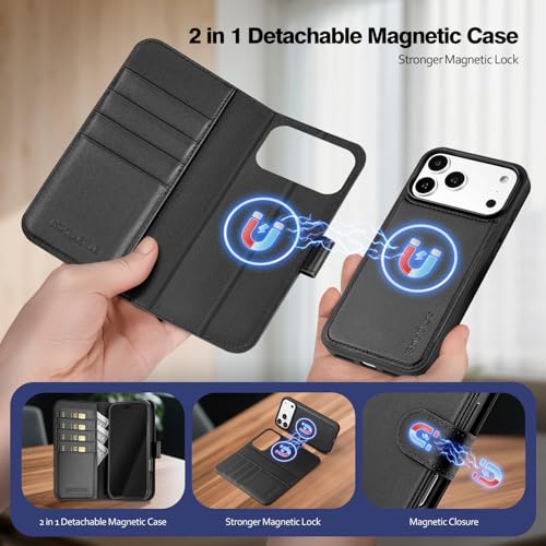 Magnetic 2 in 1 Detachable Compatible with Magsafe iPhone 17 Pro Max Genuine Wallet Case with Card Holder,Women Men Leather Flip RFID Blocking Credit Card Slots Stand Phone Cover,Black - color: Black, size: iPhone 17 Pro Max - 6.9"