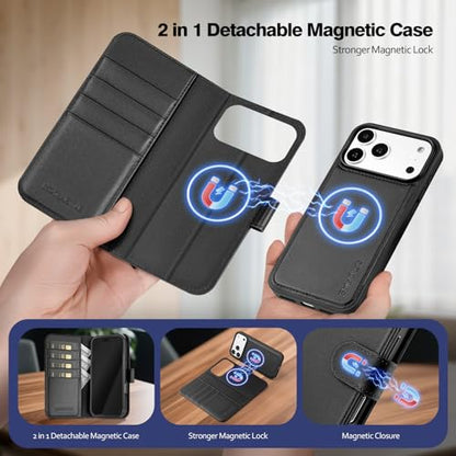 Magnetic 2 in 1 Detachable Compatible with Magsafe iPhone 17 Pro Genuine Wallet Case with Card Holder,Women Men Real Leather Flip RFID Blocking Credit Card Slots Stand Phone Cover,Black - color: Black, size: iPhone 17 Pro - 6.3"