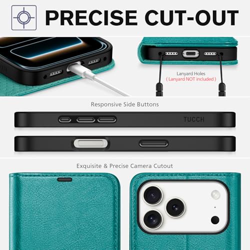 TUCCH Wallet Case for iPhone 17 Pro Max (6.9") 2025, 4 Card Slots, Cyan | RFID Blocking, Viewing Stand, Shockproof TPU Shell, PU Leather, Magnetic Closure, Protective Folio Flip Cover - color: Textured Cyan