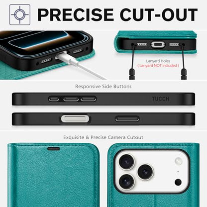 TUCCH Wallet Case for iPhone 17 Pro Max (6.9") 2025, 4 Card Slots, Cyan | RFID Blocking, Viewing Stand, Shockproof TPU Shell, PU Leather, Magnetic Closure, Protective Folio Flip Cover - color: Textured Cyan