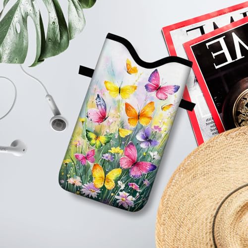 Neoprene Cell Phone Sleeve Pouch Case Bag with Crossbody Strap Neck Lanyard for Women 7.1 X 3.9 in Flower Butterfly - color: Flower Butterfly