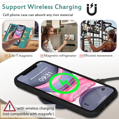 for Wallet Case Compatible with iPhone 11,Multi-Function Detachable 2 in 1 Magnetic iPhone 11 Wallet,Flip Strap Zipper Card Holder Phone Case with Shoulder Straps (Green) - color: Green, size: iPhone 11