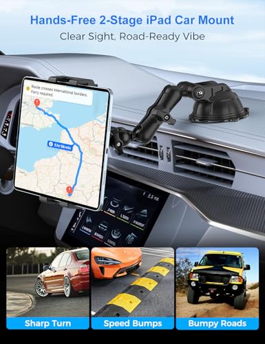 PLDHPRO Tablet Car Mount for Dashboard & Windshield, Heavy Duty iPad Holder for Truck, 360° Adjustable Suction Cup Stand Fits 5.5–14.6” Tablets & Phones, Stable for GPS & Road Trips - size: 8.7 in Arm