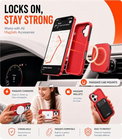 LOOXER® Heavy Duty Rugged Magnetic Case for iPhone 17 (6.3”) | Military Grade Shockproof Protection,MagSafe Compatible+ Tempered Glass Included (Red, 17) - color: Red, size: 17