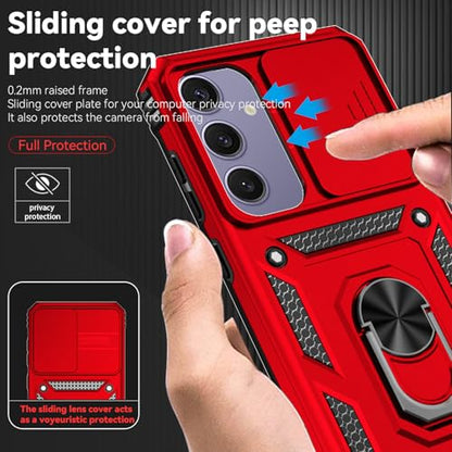 for Samsung Galaxy S24 FE Case with Camera Lens Cover HD Screen Protector, Dual Layer Military-Grade Drop Tested Magnetic Ring Holder Kickstand Protective Phone Case for Galaxy S24 FE (Red) - color: Red with camera cover Military-Grade 2nd gen