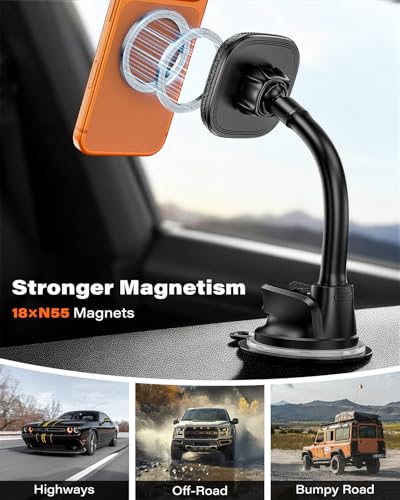 APPS2Car Magnetic Phone Holder for Car, Dashboard Windshield Suction Mount - color: Black - MagSafe