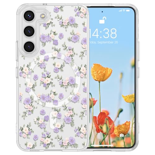 RALEAVO for Samsung Galaxy S22 Plus Case Clear Magnetic Case,Purple Flowers | Compatible with MagSafe,Cute Clear Floral Case with Flowers for Girls Women,Hard Back Shockproof Case for Samsung S22 Plus - color: Clear/Purple Flowers, size: S22 Plus
