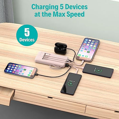 Portable Charger with Built in Cables,10000mAh Slim USB C Power Bank,Pink - color: Pink