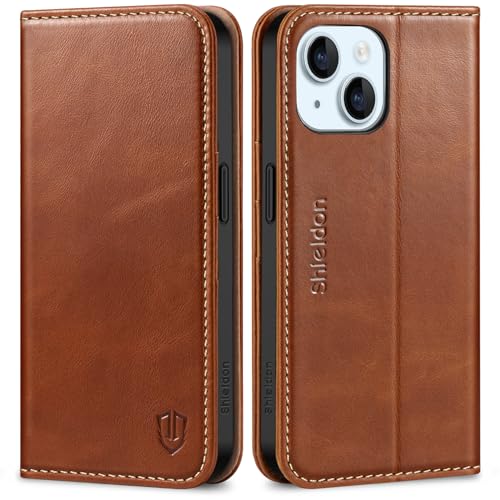 SHIELDON Genuine Leather Case Wallet for iPhone 15 6.1" 2023, Retro Brown | Magnetic Closure, RFID Blocking, Credit Card Slot, Kickstand, Flip Book Design, Shockproof Phone Cover - color: Retro Brown