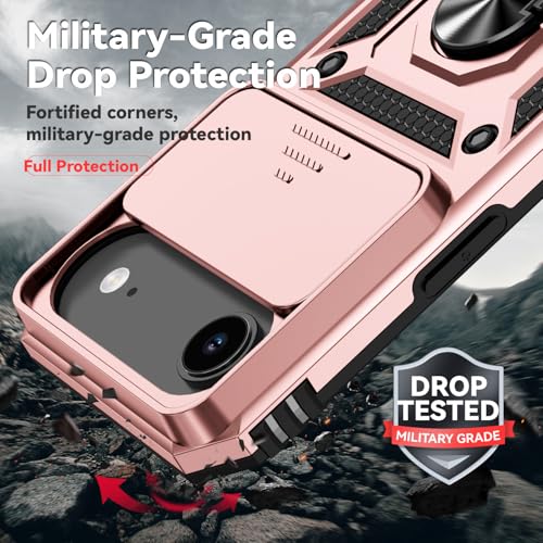 for iPhone Air Case, with Slide Camera Cover HD Screen Protector [Military Grade 16ft. Drop Tested] Ring Holder Kickstand Protective Phone Case for Apple iPhone Air 2025, Rose Gold - color: Rose Gold w/ Slide Camera 2nd gen. Military Grade