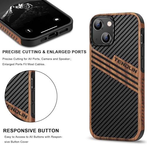 TENDLIN Magnetic Case Compatible with iPhone 14 Plus Case Wood Grain with Carbon Fiber Texture Design Leather Hybrid Slim Cover (Compatible with MagSafe) Three Stripe - color: Magnetic Three Stripe, size: iPhone 14 Plus