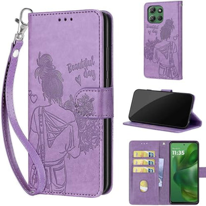 Wallet Case for Motorola Moto G Power 2025/2026, Purple Girl | Women Flip Folio Cover, Embossed PU Leather, Stand, Credit Card Holders Slots, Wrist Strap - color: 10