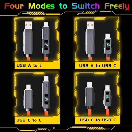 USB C to USB C Cable 5ft Chubby 4 in 1 USB Charging Cable with LED Display - color: 4 Combinations Orange+Pink