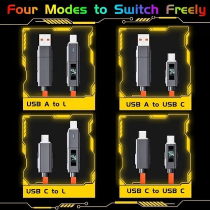 USB C to USB C Cable 5ft Chubby 4 in 1 USB Charging Cable with LED Display - color: 4 Combinations Orange+Pink