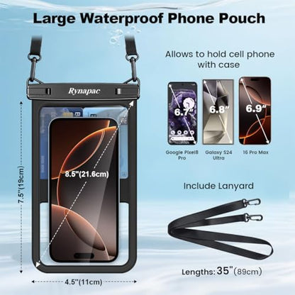 Rynapac Large Waterproof Phone Pouch [Up to 8.5"] - 2 Pack IPX8 Waterproof Phone Case for iPhone 17 16 15 Pro Max Galaxy S26 Ultra, Touchscreen & Underwater Photography, Beach Cruise Essentials 2026 - color: [Black + Pink] Large Waterproof Phone Pouch, si