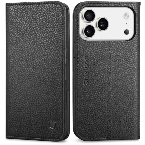SHIELDON Genuine Leather Case Wallet for iPhone 17 Pro Max, Pebbled Black | Magnetic Closure, RFID Blocking, Credit Card Slot, Viewing Stand, Foldable Design, Shockproof TPU Phone Cover - color: Pebbled Black