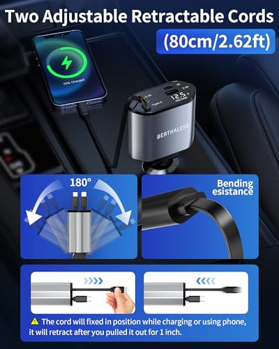 Retractable Car Charger,4 in 1 Fast Charging Car Charger with USB-C & USB-A - color: Grey