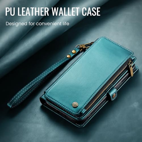 Defencase for iPhone 13 Wallet Case with RFID Blocking Card Holder, Green | Durable Soft PU Leather, with Zipper Pocket, Wrist Strap, Fashion Snap Flip Phone Cases Cover with Stand for Women and Men - color: Blue Green