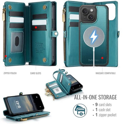 Defencase for iPhone 14 Plus Case Wallet Compatible with Magsafe, Blue Green - color: (Detachable with Magsafe)-Blue Green