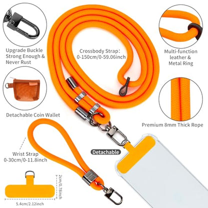 HOTEMIA Phone Lanyard and Wrist Straps, Adjustable Cell Phone Lanyard Crossbody with Detachable Wallet, 8mm Thick iPhone Lanyard for Around the Neck (Orange+Wallet) - color: Orange+wallet