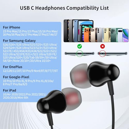 ACANDYA USB C Headphones with Mic in-Ear Wired Earbuds for Work Calls Black