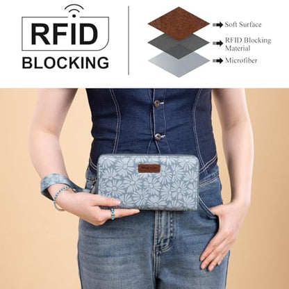 Wrangler Womens Daisy Wallet Large Wallets for Women Bifold Wallets, Card Cases & Money Organizers Ladies Female Wallet with RFID Lining and ID Window - color: Solid Daisy-Blue