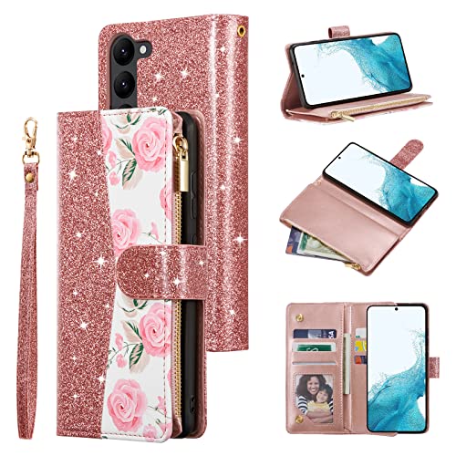 UEEBAI Wallet Case for Samsung Galaxy S24 Plus/S25 Plus 5G, PU Leather Wallet Magnetic Closure Handbag Zipper Pocket Cover Kickstand Card Slots with Hand Strap Rose Flip Case Women - Bling Rose Gold - color: Bling Rose Gold, size: Samsung Galaxy S24 Plus/