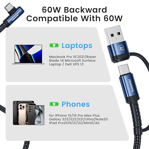 60W USB C Cable, Right Angle Type C Fast Charging Cable, 3.3FT 2-Pack - size: 3.3FT+3.3FT