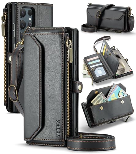 for Samsung Galaxy S24 Ultra Wallet Case with Card Holder, Black | RFID Blocking Slots, Crossbody Lanyard, Wrist Strap, Zipper Pocket Purse Handbag, Magnetic Closure - color: Black, size: Galxay S24 Ultra