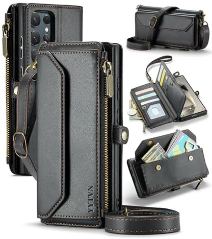 for Samsung Galaxy S24 Ultra Wallet Case with Card Holder, Black | RFID Blocking Slots, Crossbody Lanyard, Wrist Strap, Zipper Pocket Purse Handbag, Magnetic Closure - color: Black, size: Galxay S24 Ultra