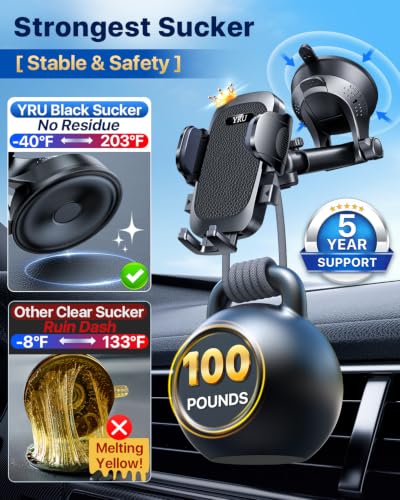 YRU【True Military-Grade Safety & Patent Certs】360°Rotation Car Phone Holder【100+LBS Strong Suction & Clip】Windshield Dash Vent Cell Phone Mount Cradle for iPhone17 16 Pro Max Truck Samsung, Dark Black - color: Dark Black