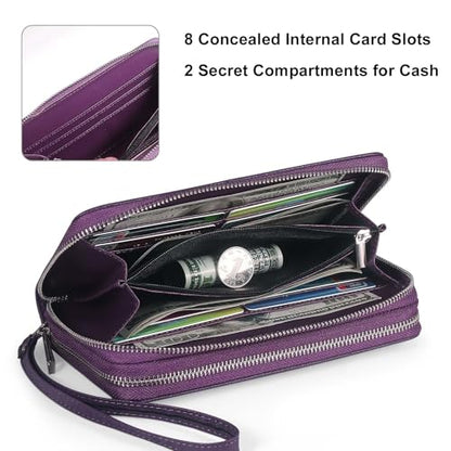 RFID Blocking Cellphone Wallet for Women with Wrist Strap, Double Zipper Travel Clutch Purse Large Capacity, Purple - color: Purple