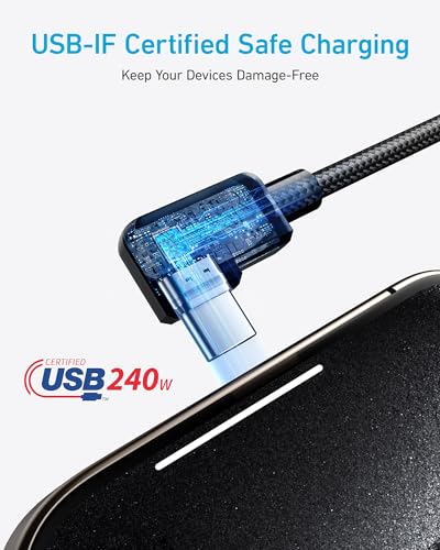 Anker USB C to USB C Right-Angle Cable, 240W (2-Pack, 6 ft, Black) - size: 6ft