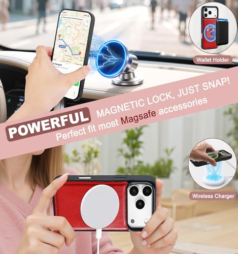 for iPhone 17 Pro Wallet Case, [Compatible with Magsafe] [Magnetic Detachable] [RFID Blocking] PU Leather Case with Card Holder & Crossbody Strap for Women Men, Red - color: Red
