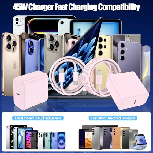 45W USB C Fast Charger for iPhone 17/ Air/16/15 Pro Max - color: Pink, size: 2Pack-10FT-iPhone15-17