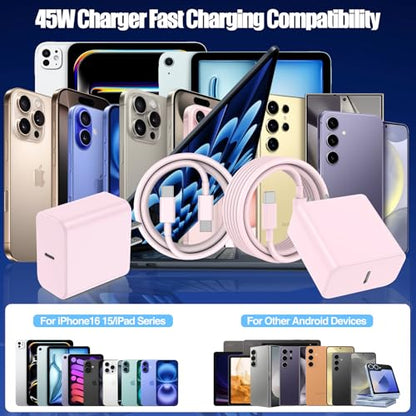 45W USB C Fast Charger for iPhone 17/ Air/16/15 Pro Max - color: Pink, size: 2Pack-10FT-iPhone15-17
