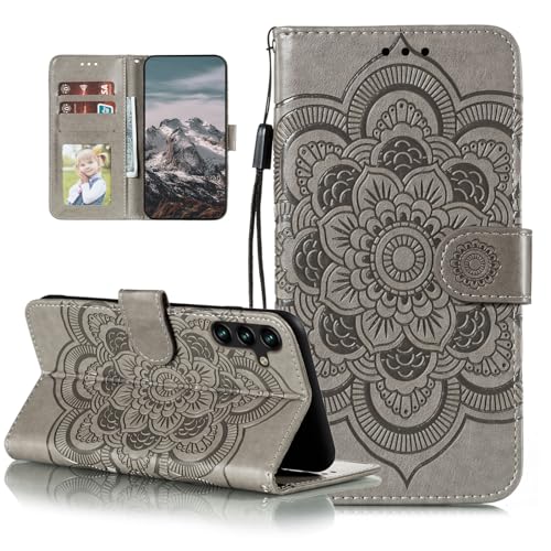 EYZUTAK Case for Samsung Galaxy A17 5G/A26 5G, Premium Leather Magnetic Closure Flip Wallet Phone Case with Card Holder Cash Slots Kickstand Embossed Mandala Flower Shockproof Lanyard Cover - Gray - color: Gray, size: Samsung Galaxy A17 5G/A26 5G