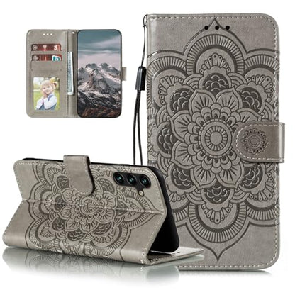 EYZUTAK Case for Samsung Galaxy A17 5G/A26 5G, Premium Leather Magnetic Closure Flip Wallet Phone Case with Card Holder Cash Slots Kickstand Embossed Mandala Flower Shockproof Lanyard Cover - Gray - color: Gray, size: Samsung Galaxy A17 5G/A26 5G